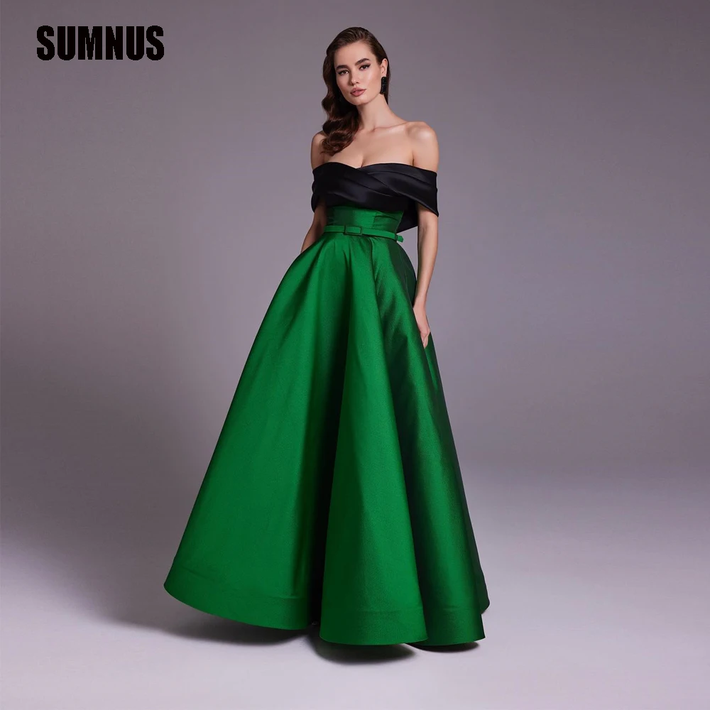 

SUMNUS Black Green Satin A Line Formal Evening Dresses Long Off Shoulder Arabic Women Prom Gowns Robe de soiree Abendkleider