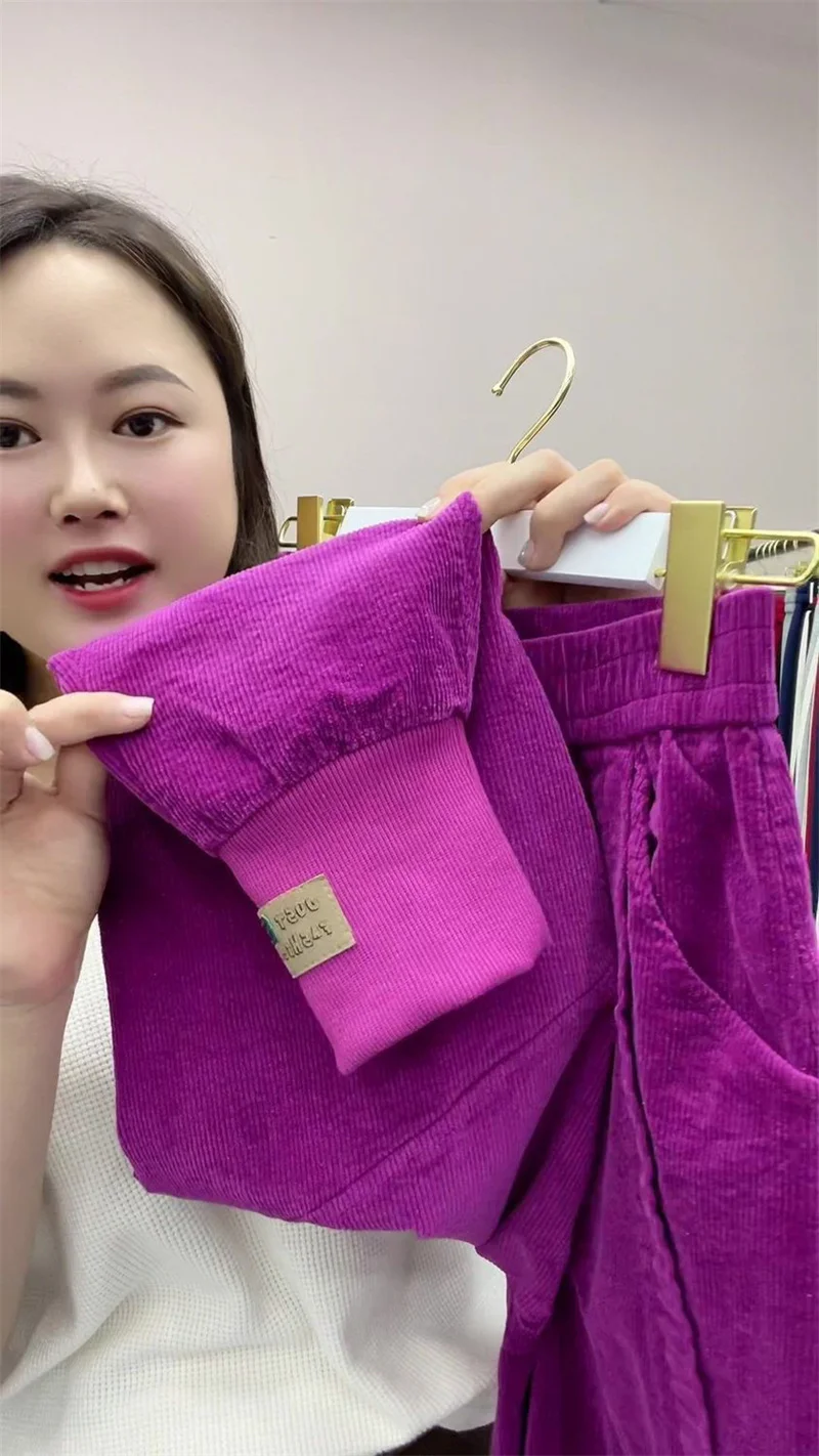 Spring Autumn New Solid Color Corduroy Pants Women Elastic Waist Loose Harem Pants All-Match Casual Bundle Foot Trousers Ladies