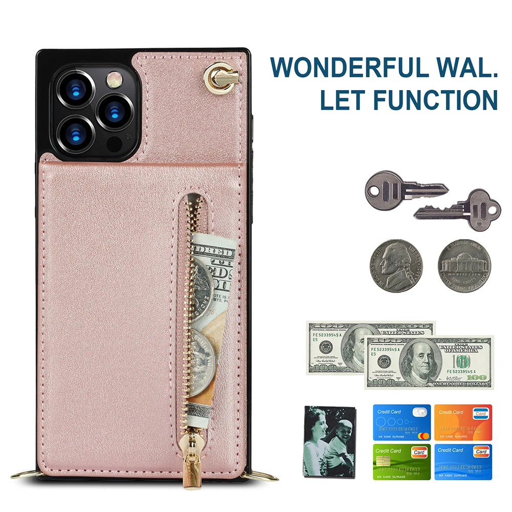 

Zipper Bracket Leather Cover For iPhone 15 14Plus 13 12 11Pro Max Fundas iPhone X XR XS Card Insertion Crossbody Bag Phone Case