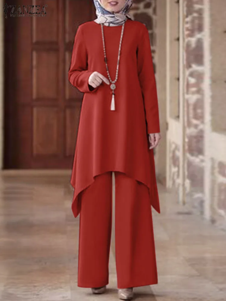 

ZANZEA Vintage Muslim Matching Sets Woman Long Sleeve O-Neck Blouse Wide Leg Pant 2pcs Female Fashion Loose Outifits Oversized