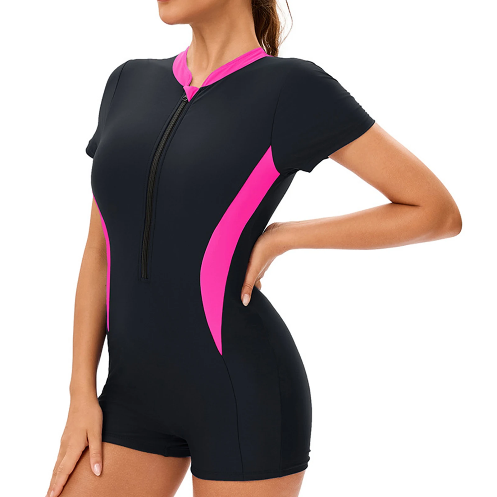Einteiliger sportlicher Badeanzug für Damen, kurze Ärmel, abnehmbare Polster, Reißverschluss vorne, Sport-Badebekleidung, Neoprenanzug, Strandmode, Badeanzug – Detail 25