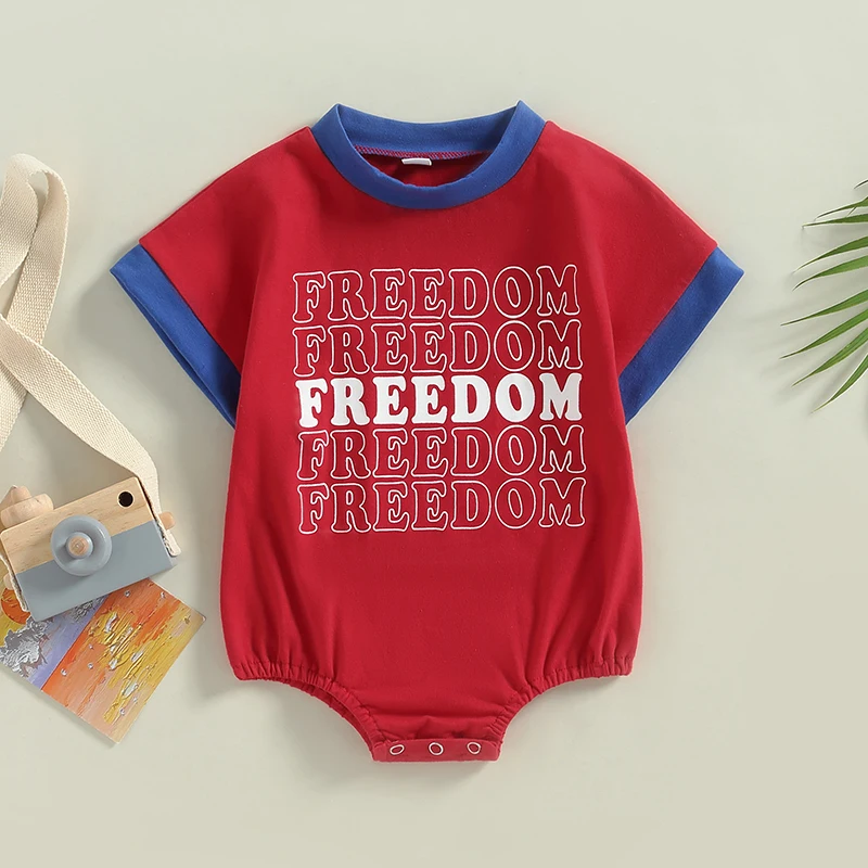 

Independence Day Infant Baby Romper Contrast Color Letter Print Short Sleeve Crew Neck Jumpsuits Summer Newborn Bodysuits