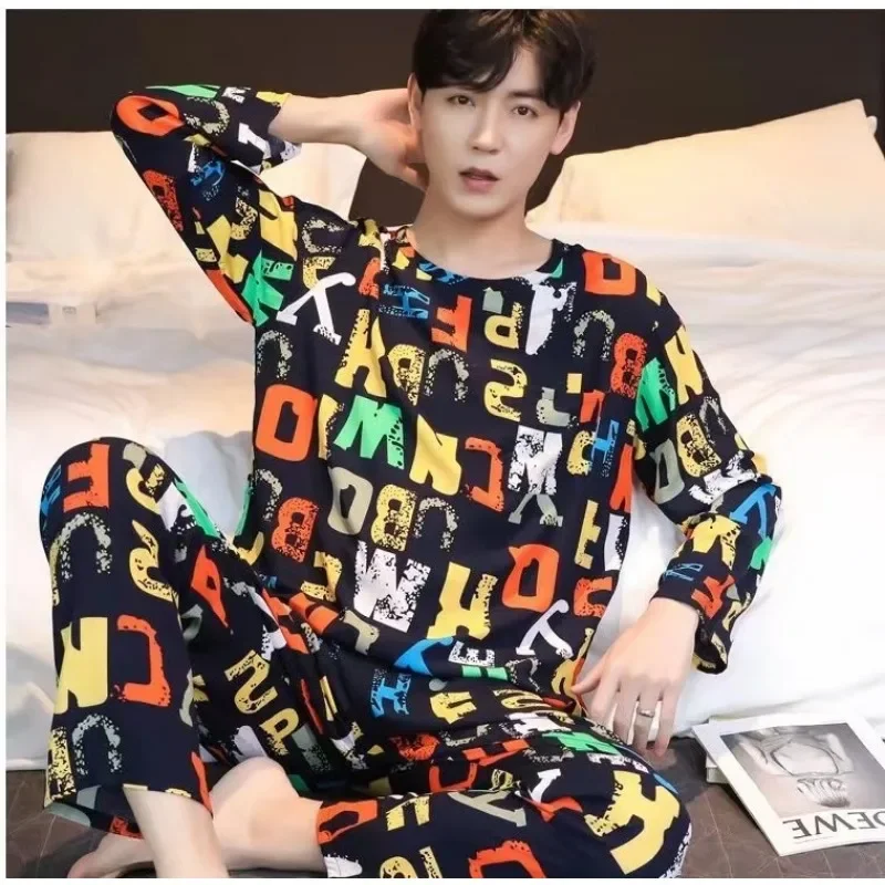 Men Pajama Set Long Sleeves Trousers Nightwear Homewear Large Size Breathable Student Letter Sleepwear Loungewear Two-Piece Set