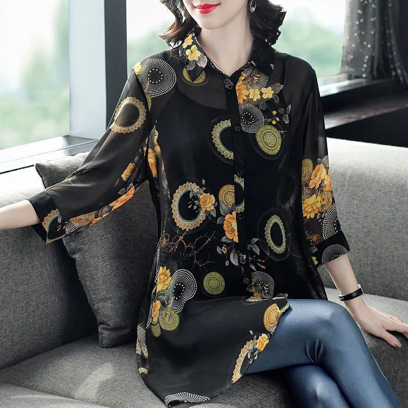 Spring Summer Oversized Casual Fashion Printing Short Sleeve Chiffon Blouse Ladies Temperament Loose All-match Shirt Top Women