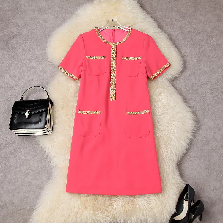 

European and American women's summer 2022 new Short sleeve round collar heavy nail bead Fashionable pocket dress