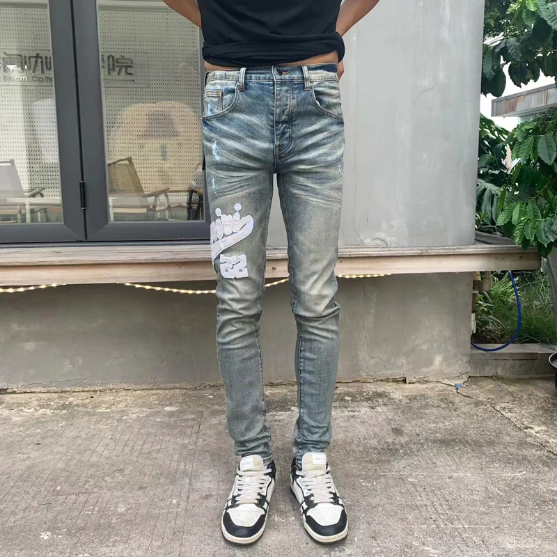 

High Street Fashion Men Jeans Retro Washed Blue Elastic Stretch Skinny Fit Ripped Jeans Men Patch Designer Hip Hop Brand Pants
