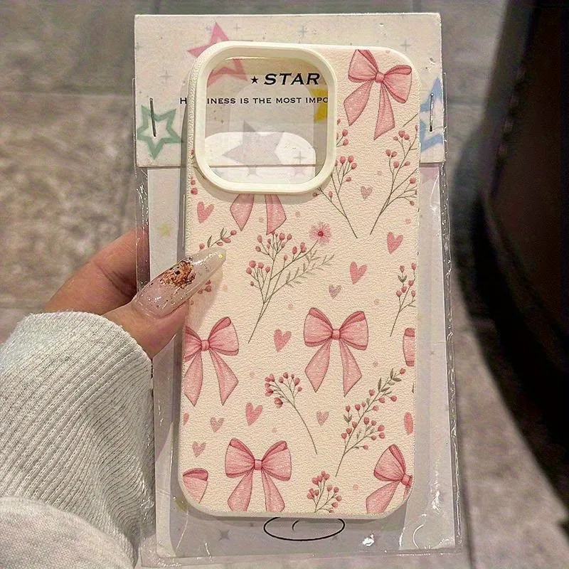 Pink Floral Bow Lychee Texture Soft Phone Case