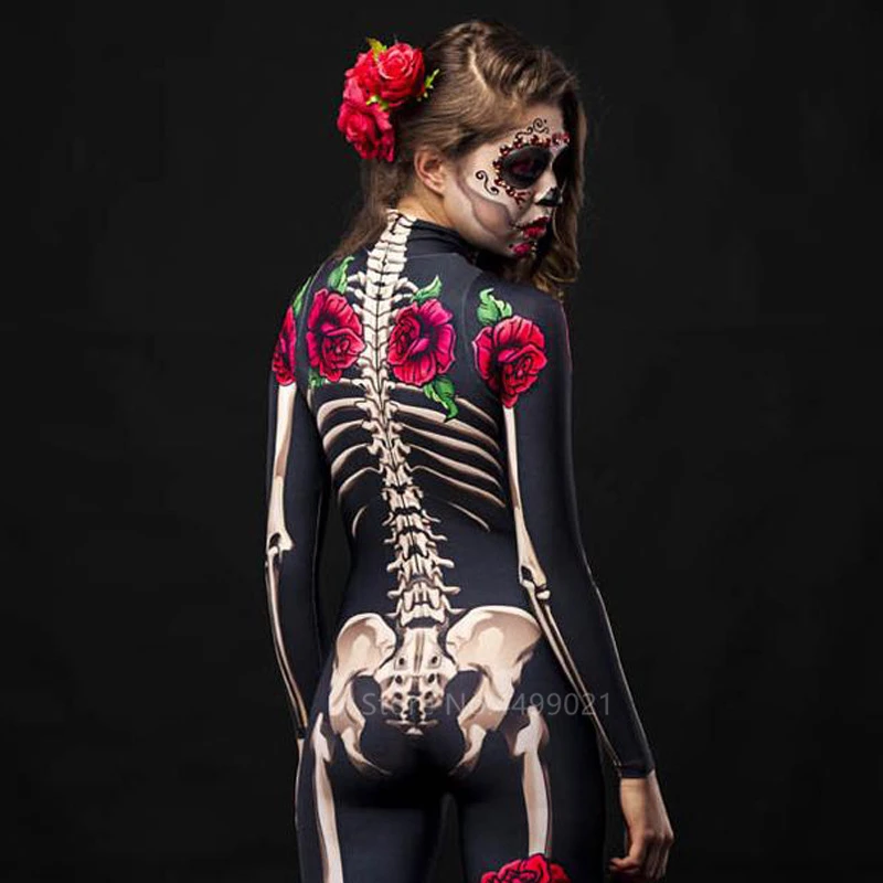 

Horror Costume Halloween Carnival Party Cosplay Purim Rose Skull Adult Kids Bodysuit Jumpsuit Day of The Dead New Style 2022