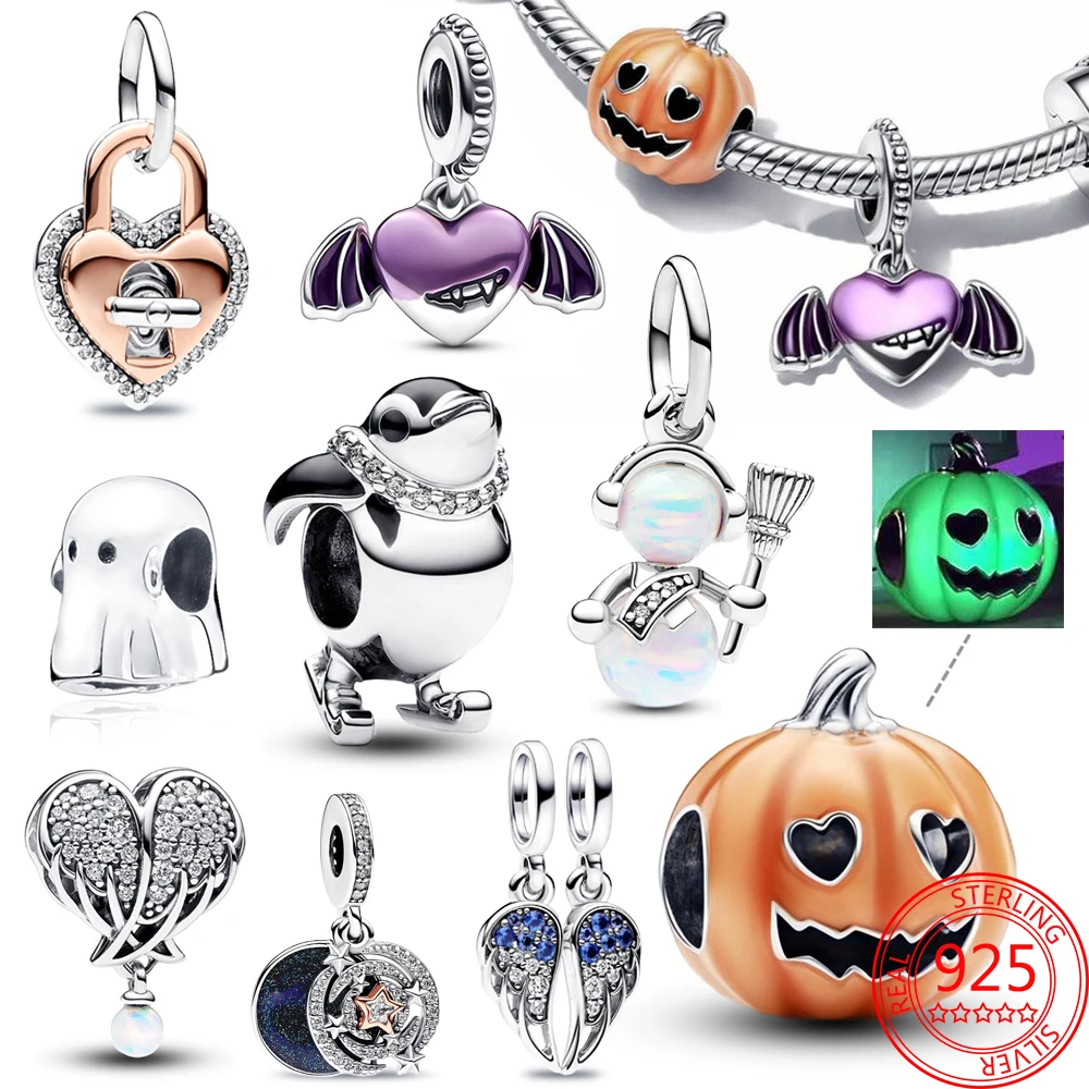 New Halloween Charm 925 Silver Murano Glass Beads Pumpkin Bat Witch Charm Fit Pandora Bracelet & Bangle Christmas Jewelry Gifts