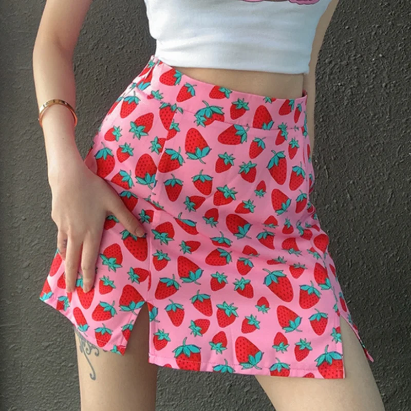 Sexy Split Mini Women Cottagecore Dress High Waist Strawberry Skirt Summer  Women Fashion Slim Fit Tight Pink Chic Skirt strawberry stand frame holder 10pcs