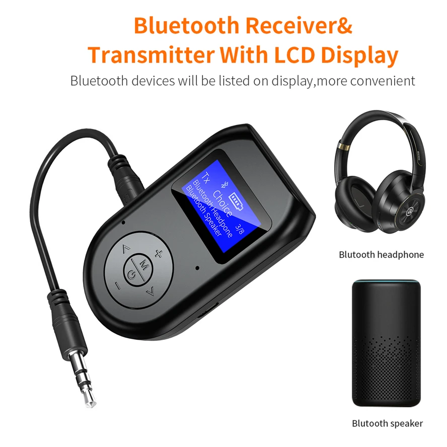 Bluetooth 5.0 Audio Transmitter Receiver 3.5mm Jack AUX Wireless Audio Adapter LCD Display Mic for TV Speaker Car Stereo