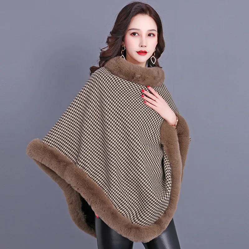 2021 New Imitation European Brown Women's Coat Shawl Scarf Imitate Rex Rabbit Fur Mid-length Sleeveless Houndstooth Wraps