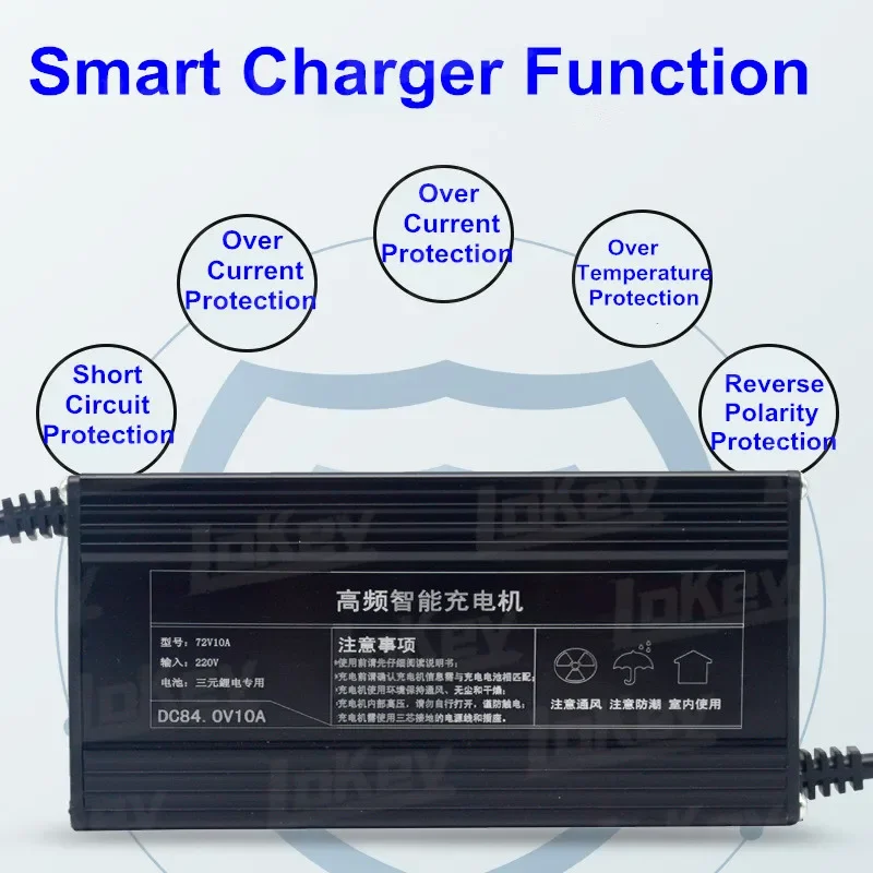 Chargeur multiport 50.4V 10A 12S Li-ion pour batterie vélo électrique avec câble d'alimentation et manuel d'utilisation