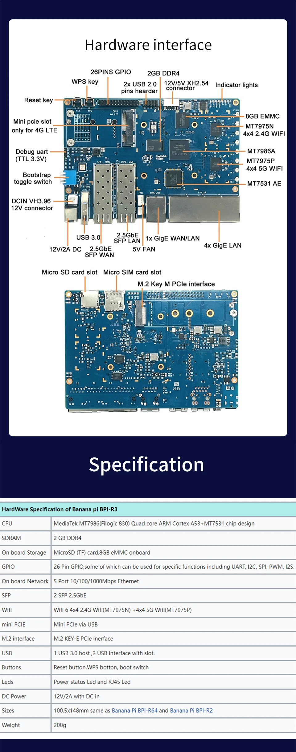 Banana Pi BPI R3 Router Filogic 830 Development Board Quad Core MediaTek MT7986