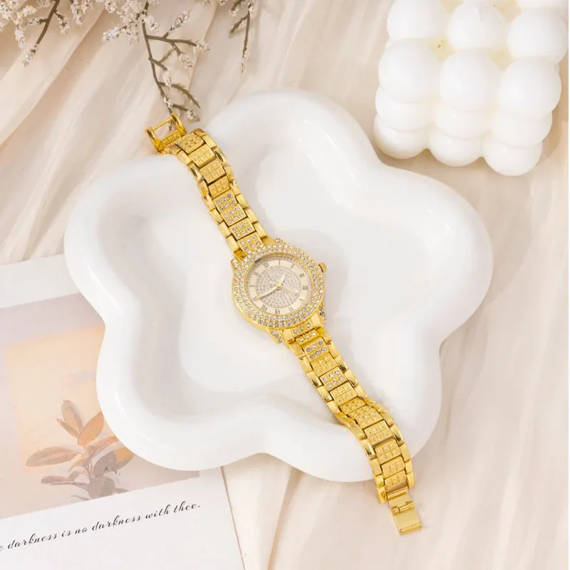 6pcs Luxury Rhinestone Women Quartz Watch With Rhinestone Bracelet Necklace Ring And Earrings Fashion Jewelry Set For Daily Wear