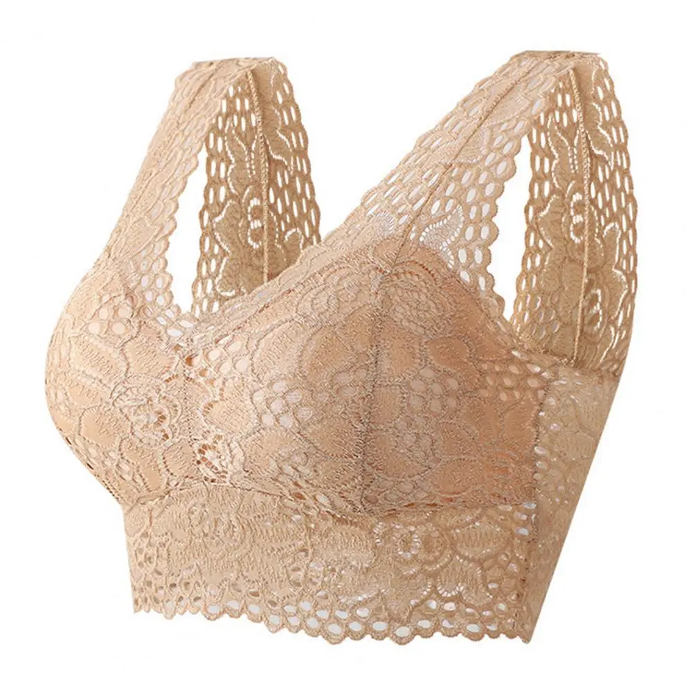 Plus Size Supportive Bra Stylish Lace Flower Embroidery Women's Bra Wide Shoulder Strap Padded Wireless Push Up Soft Breathable