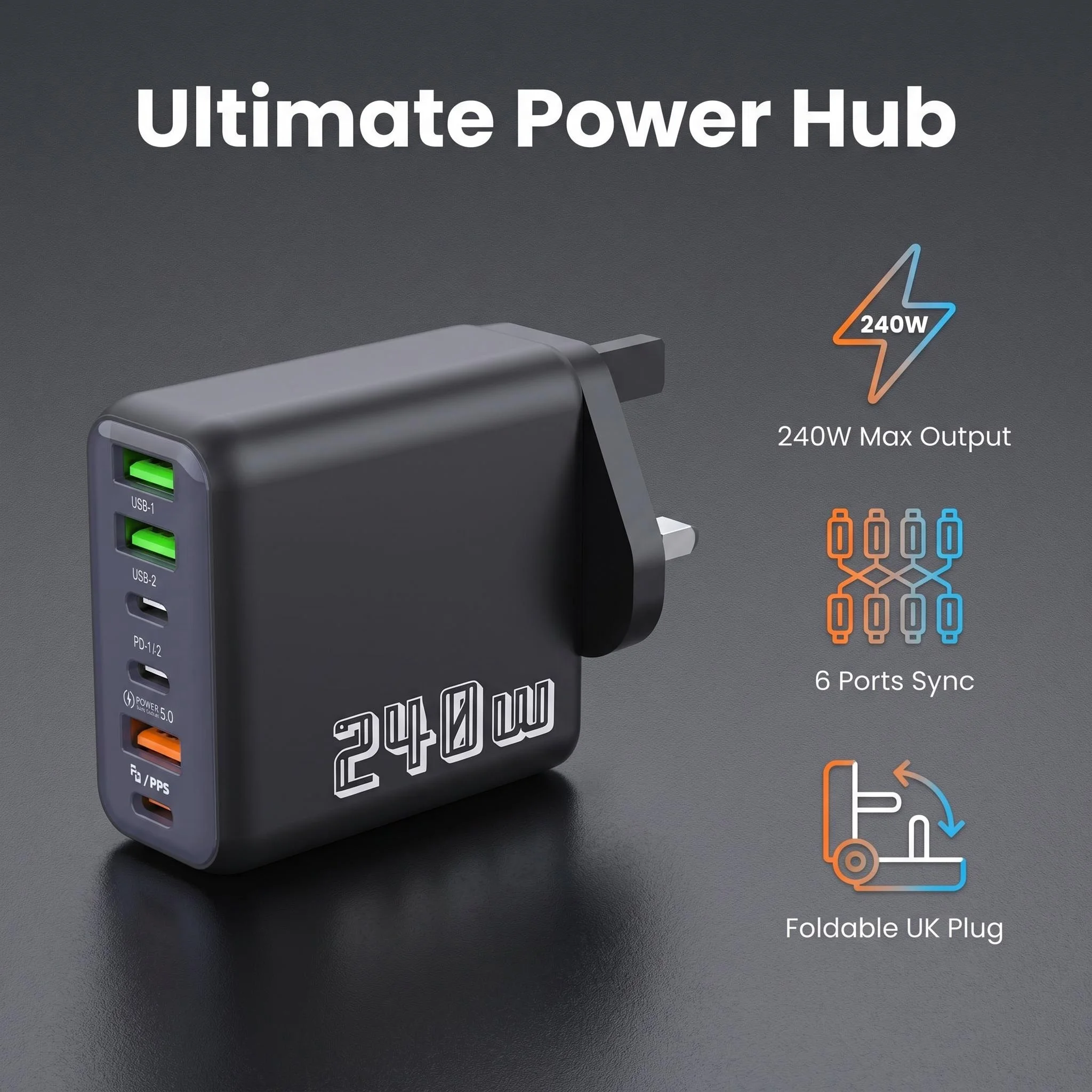Chargeur super rapide 240W UK 6 ports USB-C PD PPS QC5, station de charge multi-appareils, adaptateur secteur pour iPhone, Samsung, Xiaomi