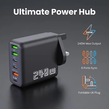 Chargeur super rapide 240W UK 6 ports USB-C PD PPS QC5, station de charge multi-appareils, adaptateur secteur pour iPhone, Samsung, Xiaomi