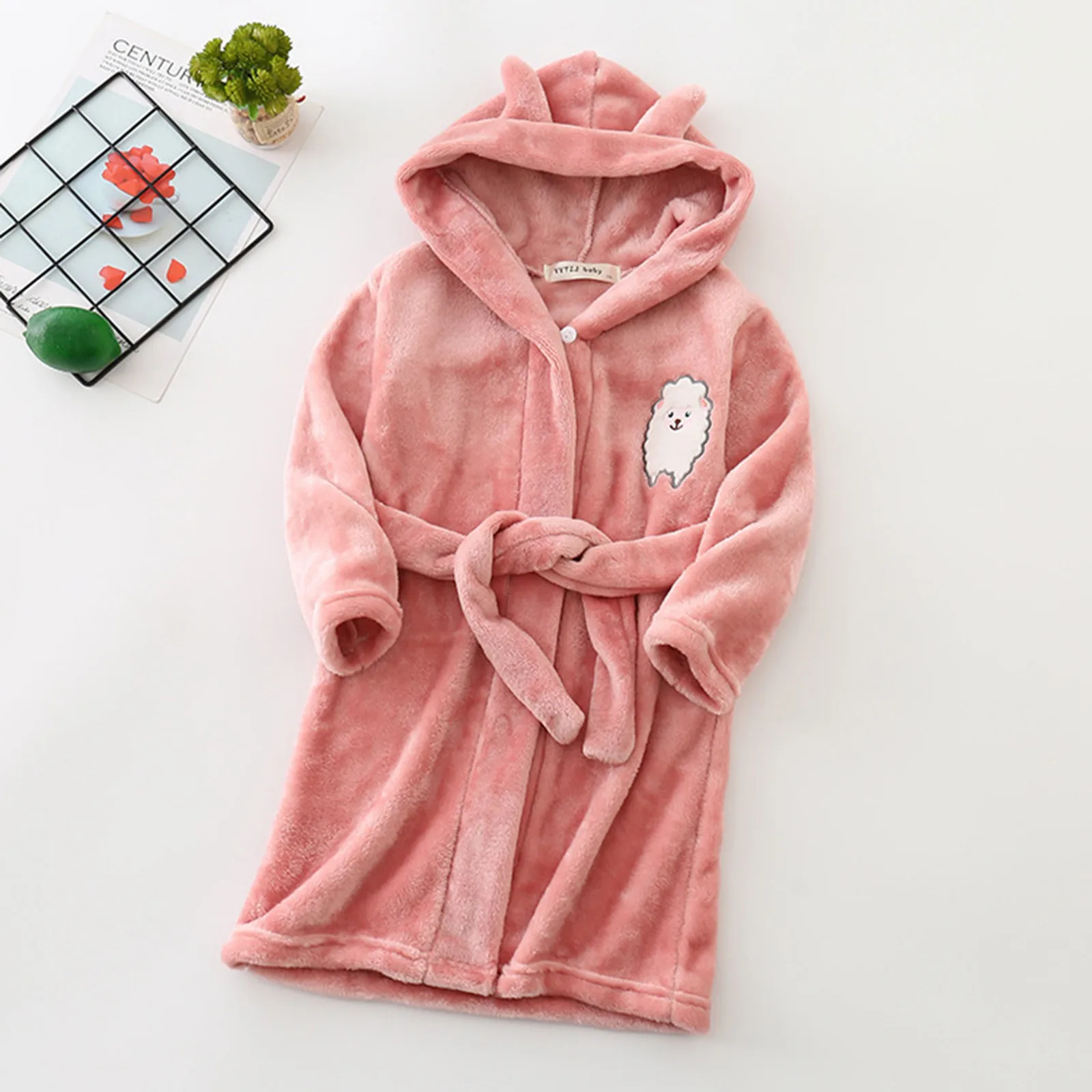 

Baby Boys Girls Night Robe Dress Cartoon Bathrobes Hooded Warm Flannel Night Robe Sleepwear Pajamas Robe