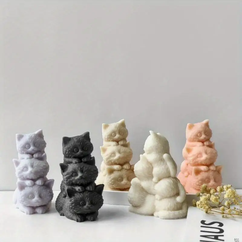 New Creative DIY Animal Three Kittens Silicone Mold Stacking Cats Cute Aroma Candle Plaster Ornaments Car Aromatherapy Molds