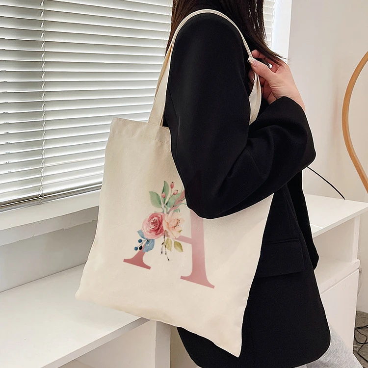 Canvas Tote Bag Letter Print Aesthetic Personalized Reusable Grocery Bags Shopping Shoulder Bag Casual Travel Tote