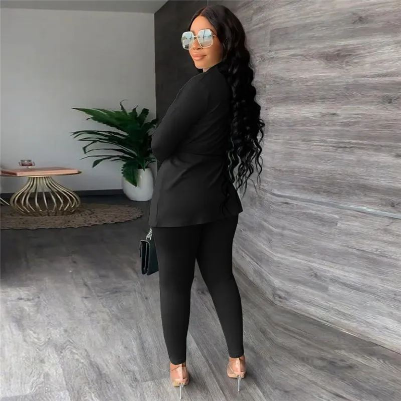 Elegant Office Lady 2 Piece Set Women Suit Drawstring pleat Blazer and Pencil Pant Sets Business Work Wear Formal Matching Sets