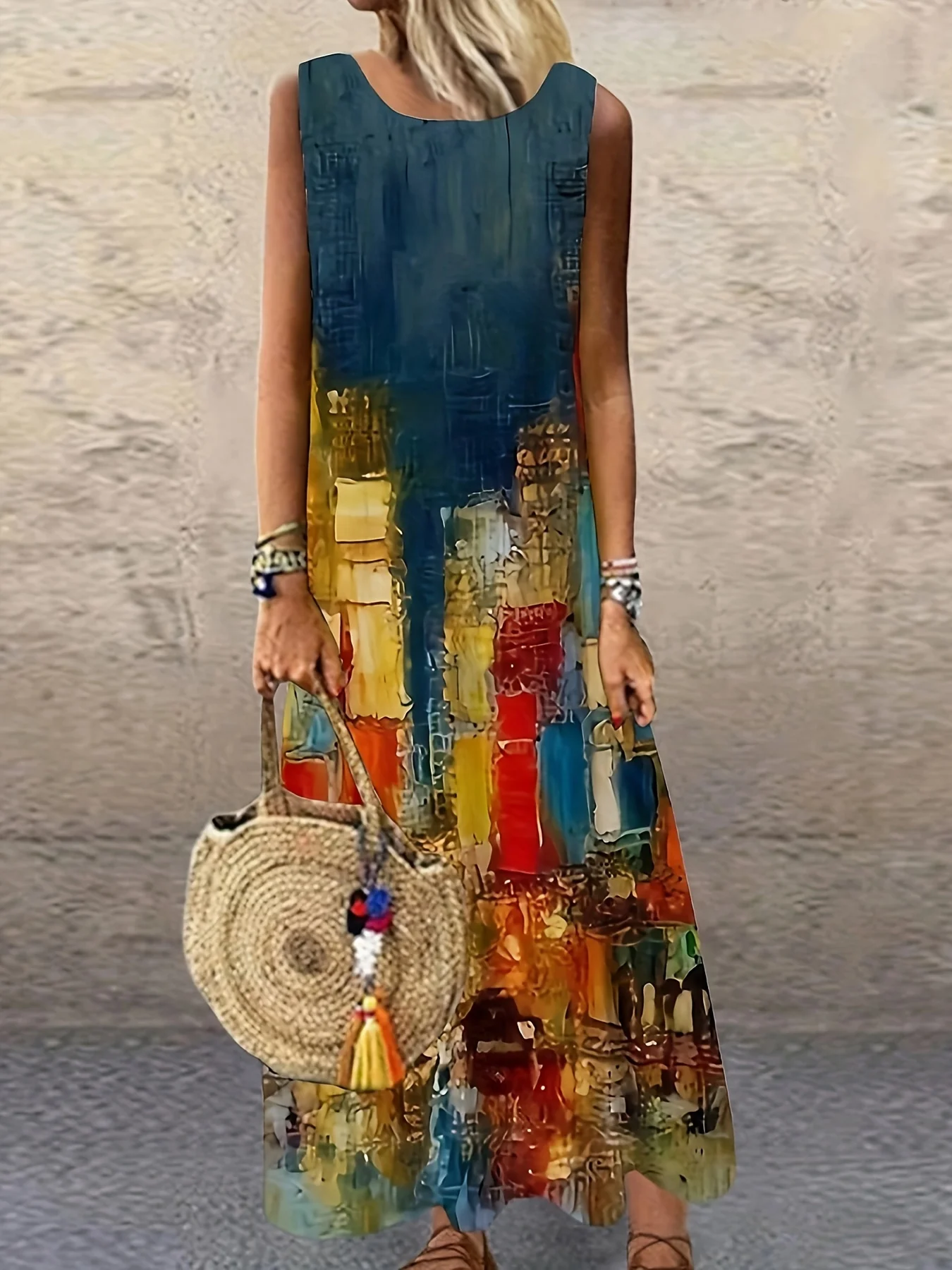 Bohemian Vacation Sunflower Ethnic Print Round Neck Dress Loose Vacation Long Dress Dopamine Dress Light Mature Maxi Dresses 2
