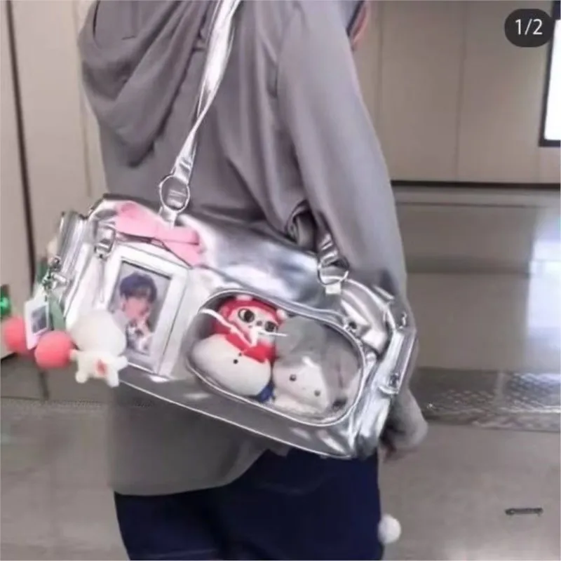 JIAERDI Transparent Silver Itabag Women Versatile Double Sided Pocket Casual Pain Bag Girls Harajuku Aesthetic Shoulder Bags New