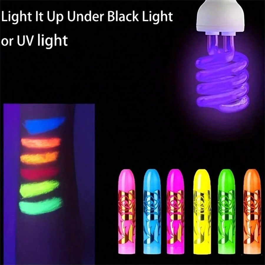 6 Uv Black Light Facial Oil Paint Crayon Set, Black Light Makeup Neon Face and Body Oil Paint Stick Marker Pen for Carnival Halloween Masquerade Makeup 3