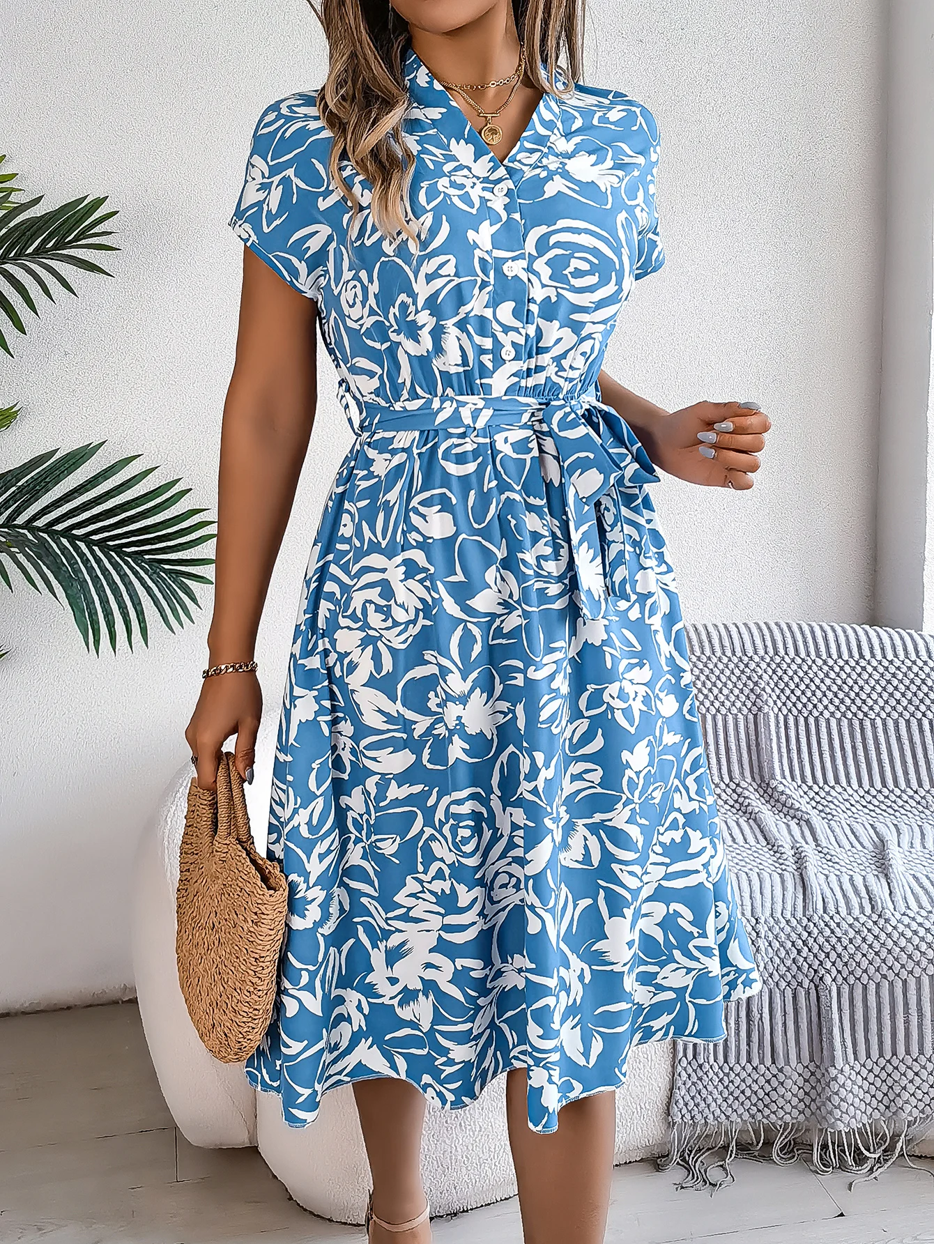 Women Casual V Neck Flower Printed A Line Dress