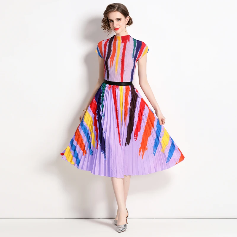 

Luxury 2 Piece Set Miyake Pleated Suit Women's 2023 Summer New Fashion Printing All Match Large Free Size Slim Top&Skirt Sets