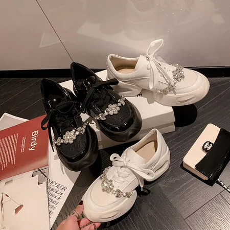 British Style Fashionable Rhinestone Loafers, Black Versatile Thick Soles, Thick Heels, Lace Up, One Foot Casual Single Shoes