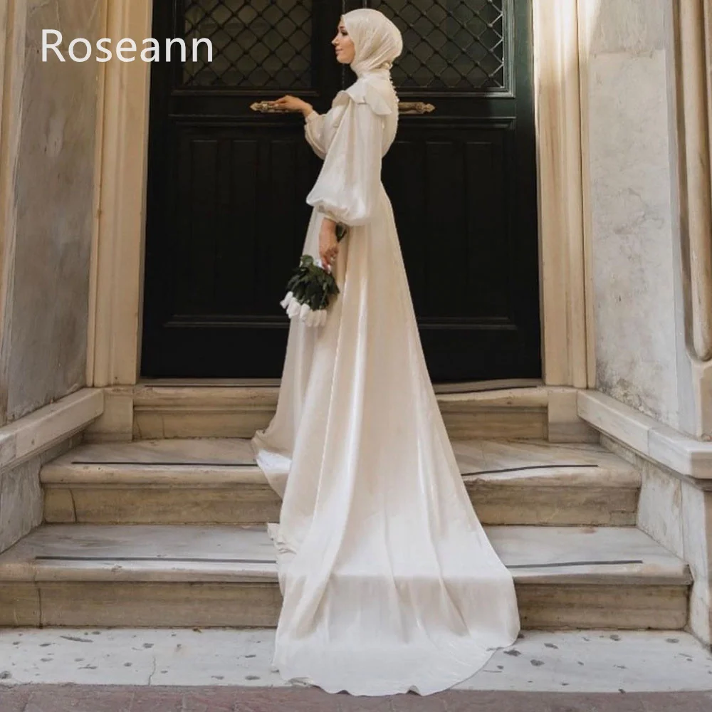 Customized Muslim Retro High Collar A-line Wedding Dresses Ruffle Satin Draped Pleat Ribbon Full Bride Dresses robe de mariée 6