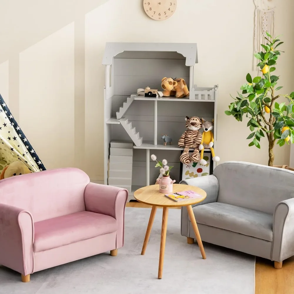 Kids Sofa with Ottoman, 2 Seat Toddler Upholstered Couch, Children Armrest Chair Lounge for Nursery Kindergarten Kids Room 2
