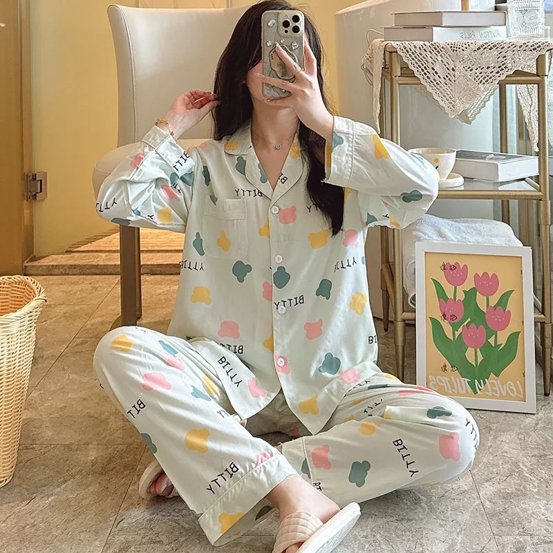 Spring Female Pajamas Long Sleeve Pant Two-piece Set Thin Lapel Cotton Silk Nightgown Sweet Print Home Wear Clothing for Women