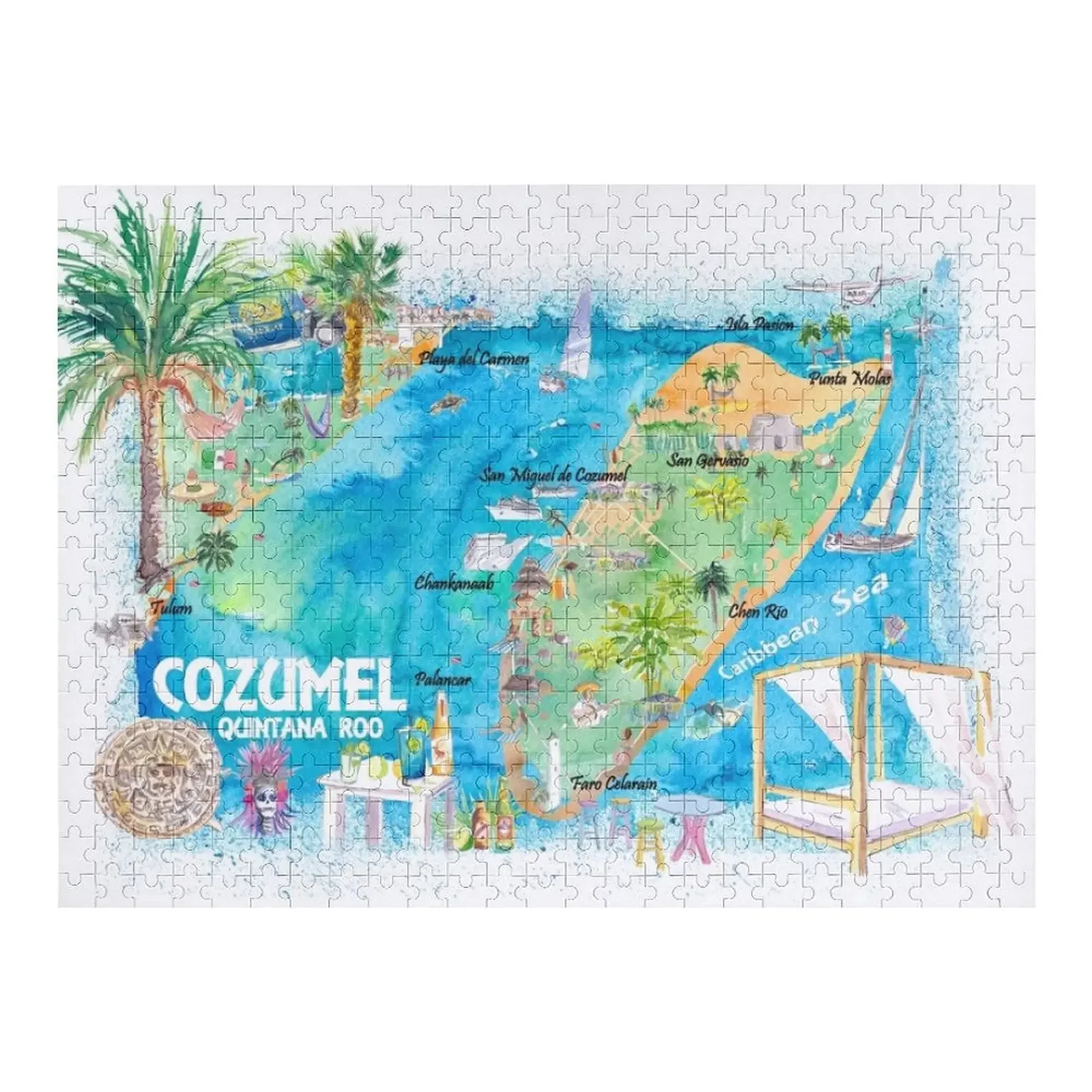 

Cozumel Quintana Roo Mexico Illustrated Travel Map with Roads and Highlights Jigsaw Puzzle Woods For Adults Puzzle