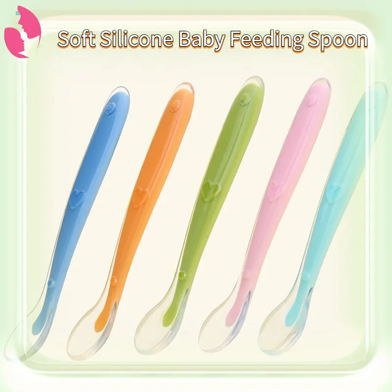 

Ложка из мягкого силикона для кормления детей, ложка с датчиком температуры, конфетных цветов, детские столовые приборы, столовые приборы