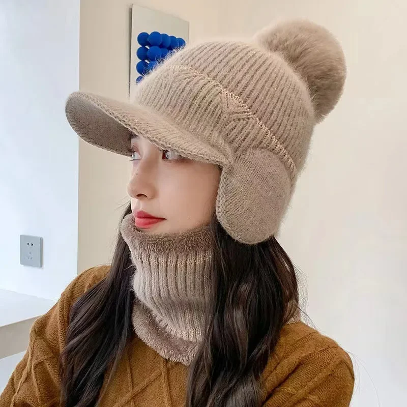 Women Winter Earflaps Wool Knit Hat Solid Color Big Pompom Plush Warm Baseball Cap Ladies Girl Sport Riding Ear Warmer Bonnet