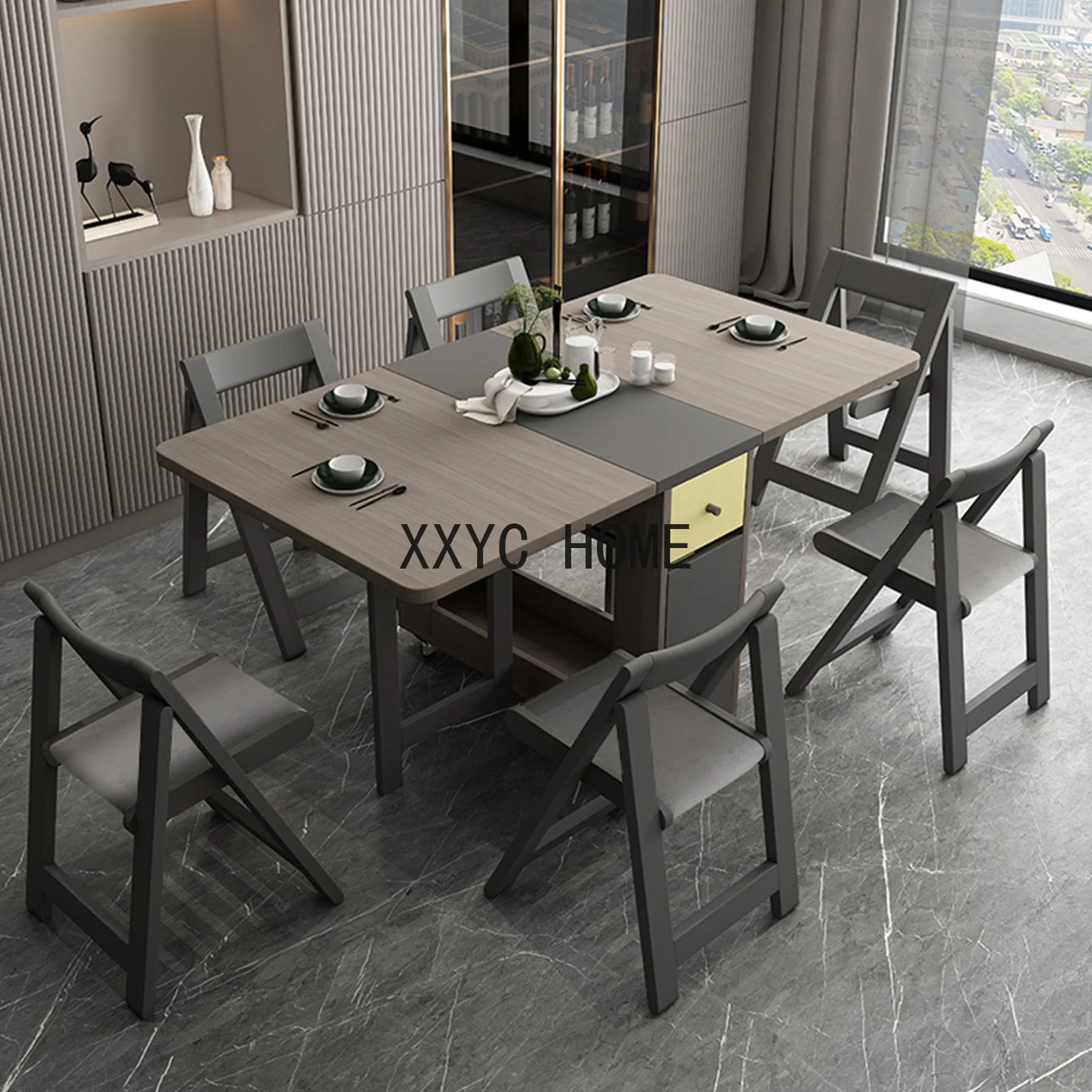 

Folding Dining Table with Storage Rack and Two Storage Drawers, Movable Kitchen Table Extendable Versatile Table Space Saving