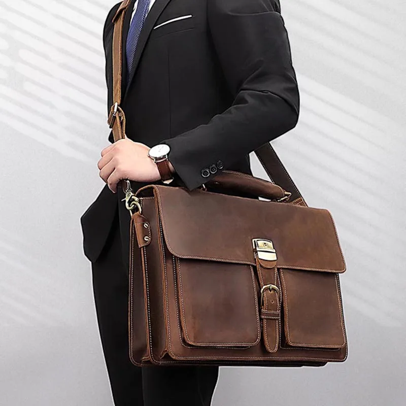 

Luufan Genuine Leather Men Business Briefcase Cowhide Fit 15" Laptop Bag Cow Leather Messenger Shoulder Bag Compute Bag For Male