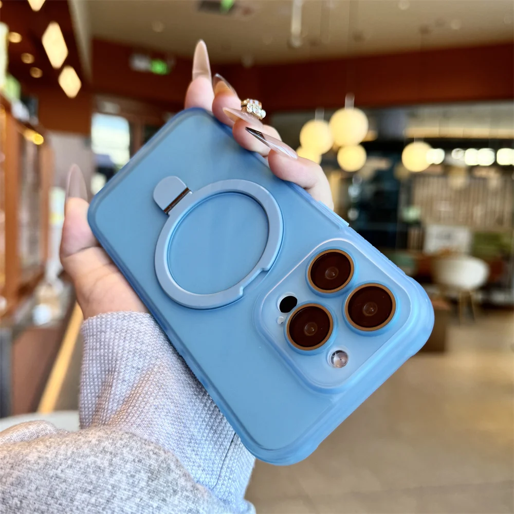 Luxury Matte Translucent Magnetic Ring Stand Phone Case with Lens Protection and Shockproof Design