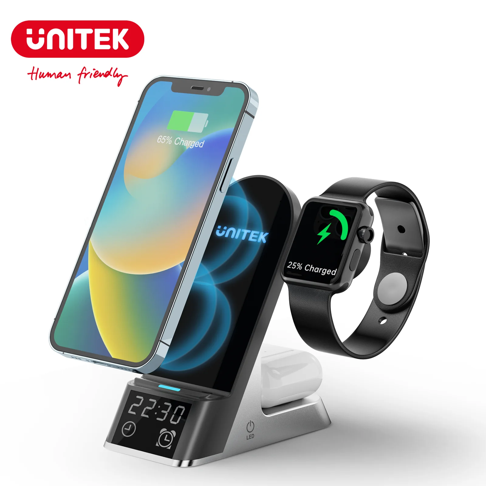 Unitek Wireless Charging Station with Alarm Clock Qi Certified Fast
