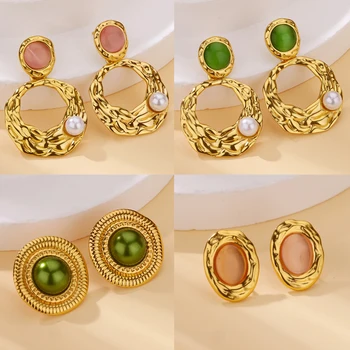 Retro Green Opal Imitation Pearl Earrings for Women Stainless Steel Gold Color Geometric Earrings Fashion Waterproof Jewelry