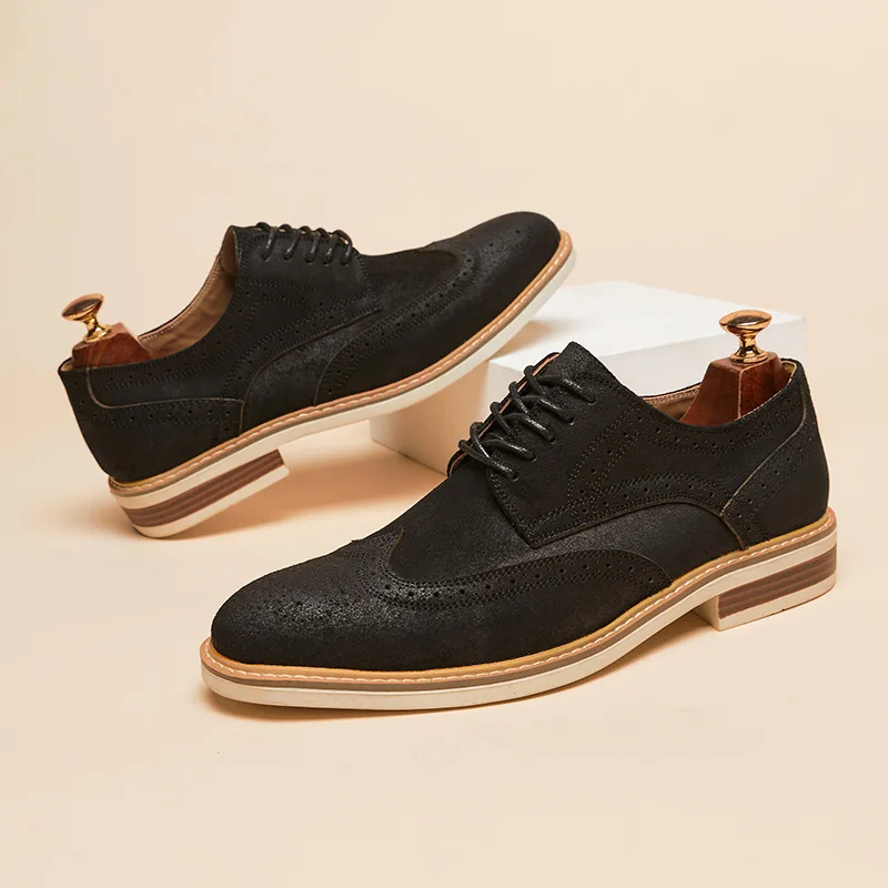 Man Derby Shoes Genuine Split Suede Leather Full Brogue Long Wing Dress Business Men Casual Comfortable Wedding Party Suits mens leather dress shoes