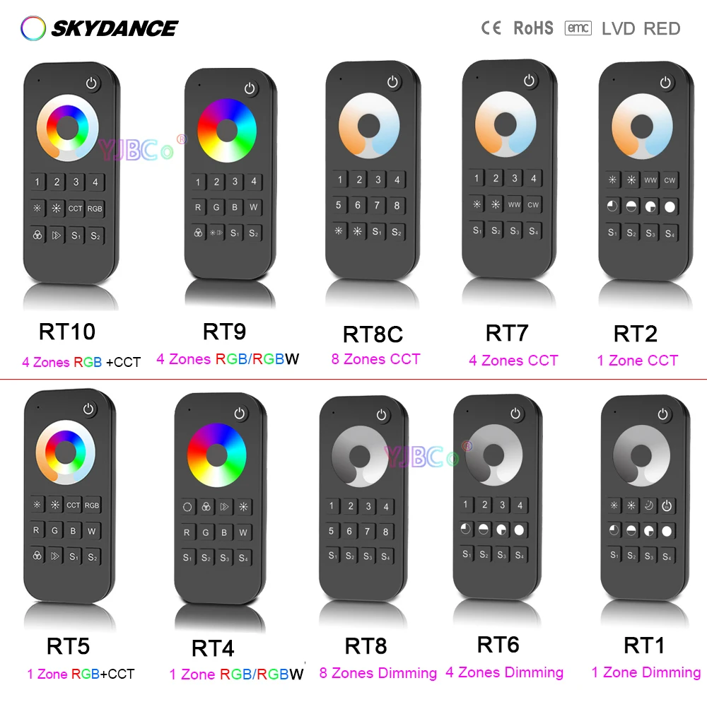 

Skydance Touch Wheel 2.4G RF Remote 1/4/8 zone single color light Dimmer Switch Dimming/CCT/RGB/RGBW/RGBCCT LED strip Controller