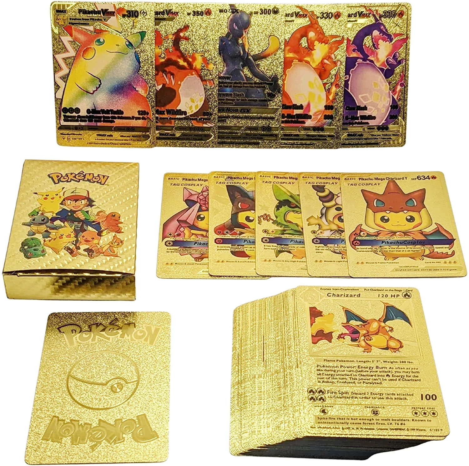 Pokemon Cards 27-110Pcs Pokemon Gold Foil Card VMAX GX English French German Spanish Charizard Pikachu Arceus