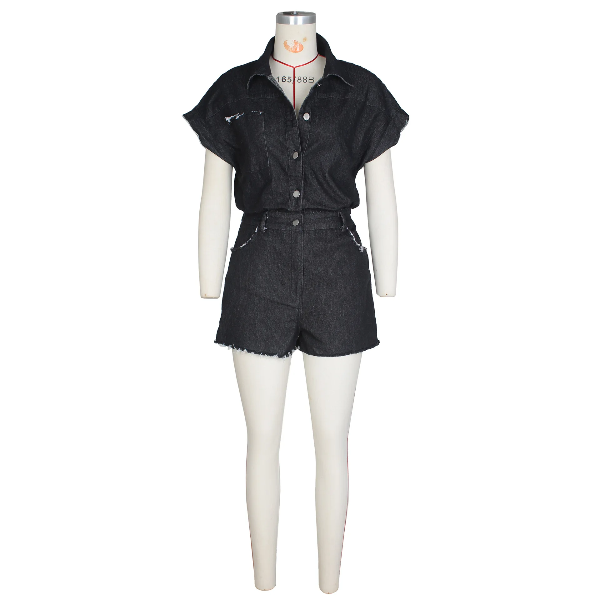 Women Short Sleeve Single Breasted Turn-down Collar Denim Short Jumpsuit Elastic Jeans One Piece Suit Romper Playsuits