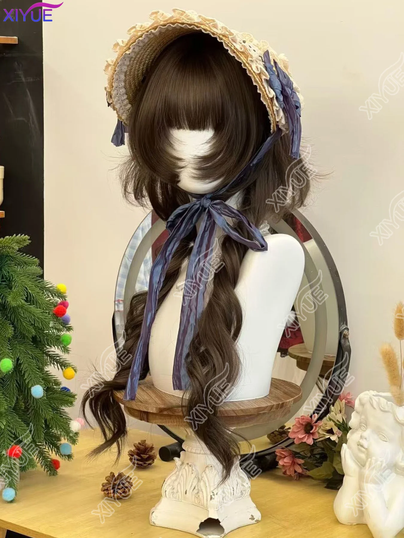 Brown Black 50CM Double ponytail long Curly Wave Hair Lolita Wigs With Bangs Synthetic Wig For Women Curls Wigs Girl