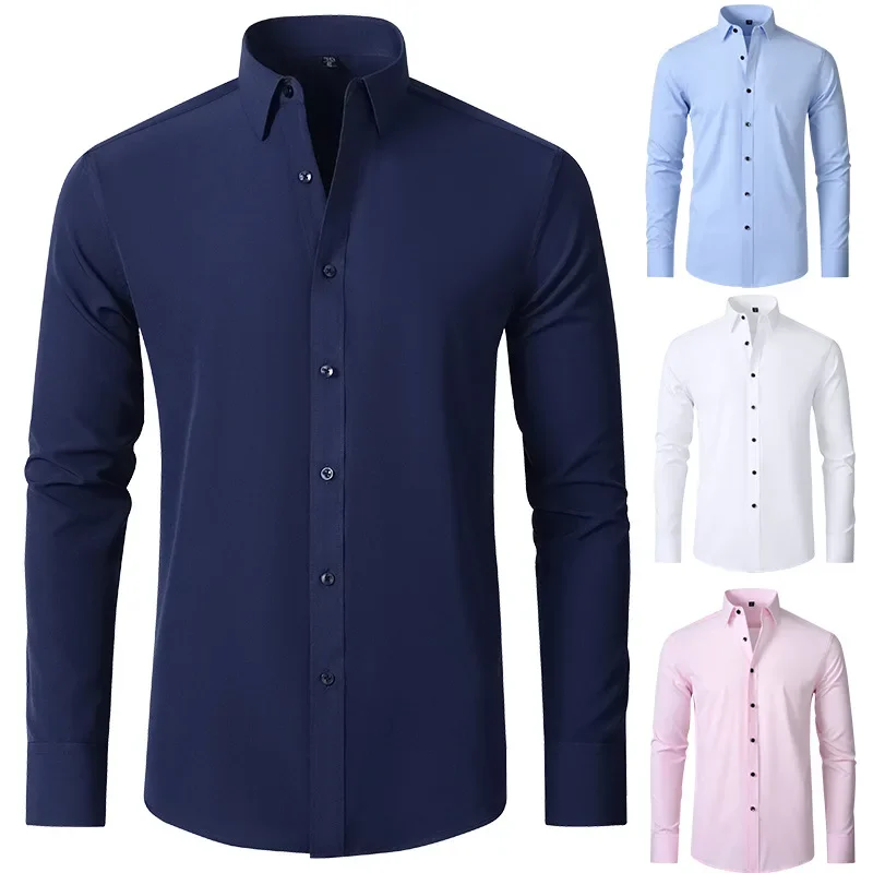 

New 2023 spring and summer men's long-sleeved four-sidedelastic business casual silky anti-wrinkle non-ironing white shirt S~8XL