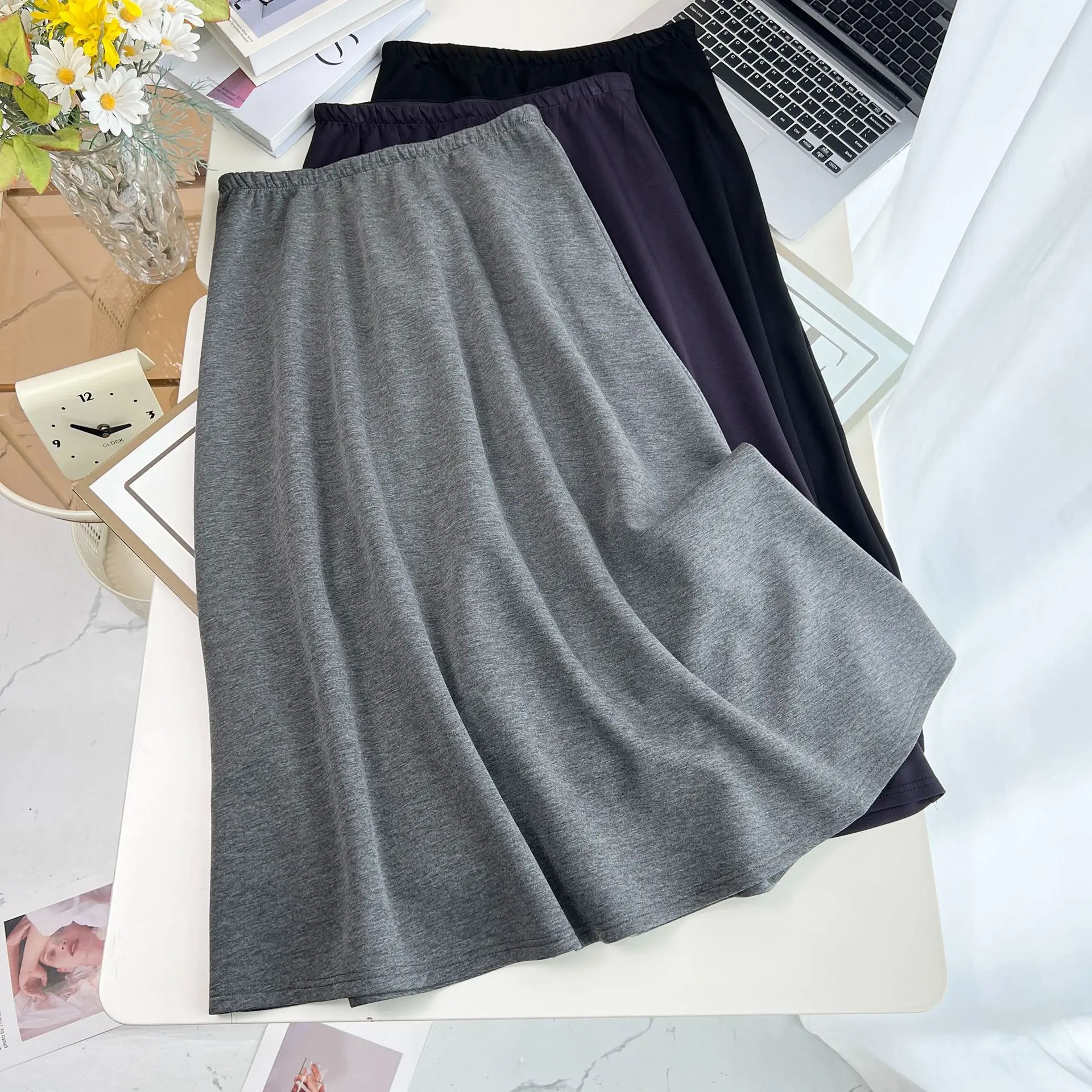 XXXXL Fashion Plus Size Women's Skirt Autumn New Simple Solid Color Soft A-line Skirt
